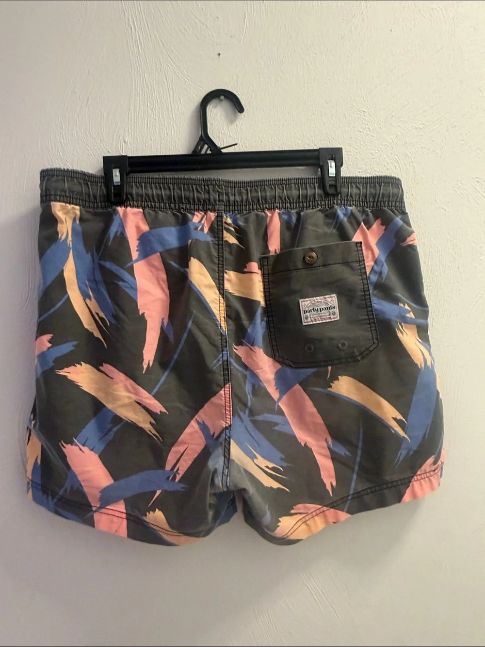 Men's Gray Brushstroke Swim Trunks with Coral & Blue Print